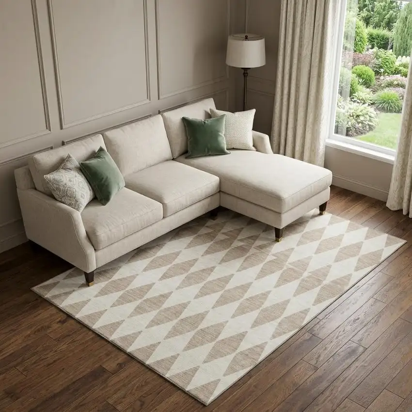 Taupe And Ivory Diamond Washable Area Rug With UV Protection Photo 1