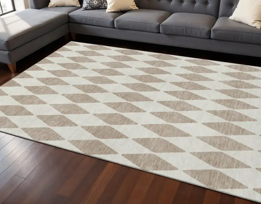 Taupe And Ivory Diamond Washable Area Rug With UV Protection Photo 2