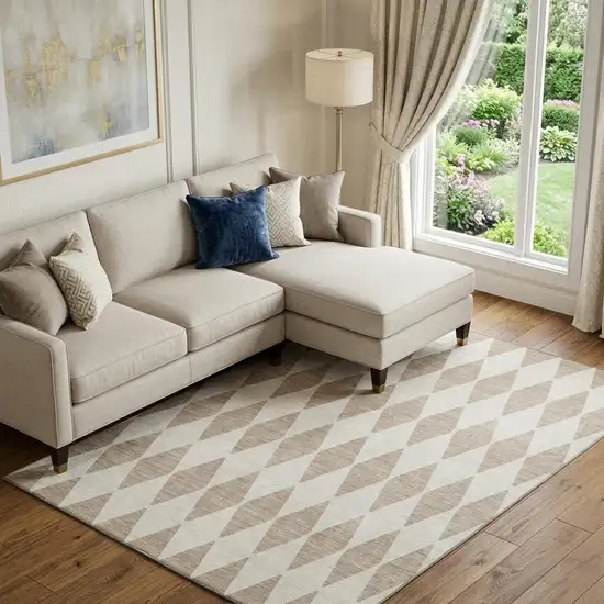 Taupe And Ivory Diamond Washable Area Rug With UV Protection Photo 1
