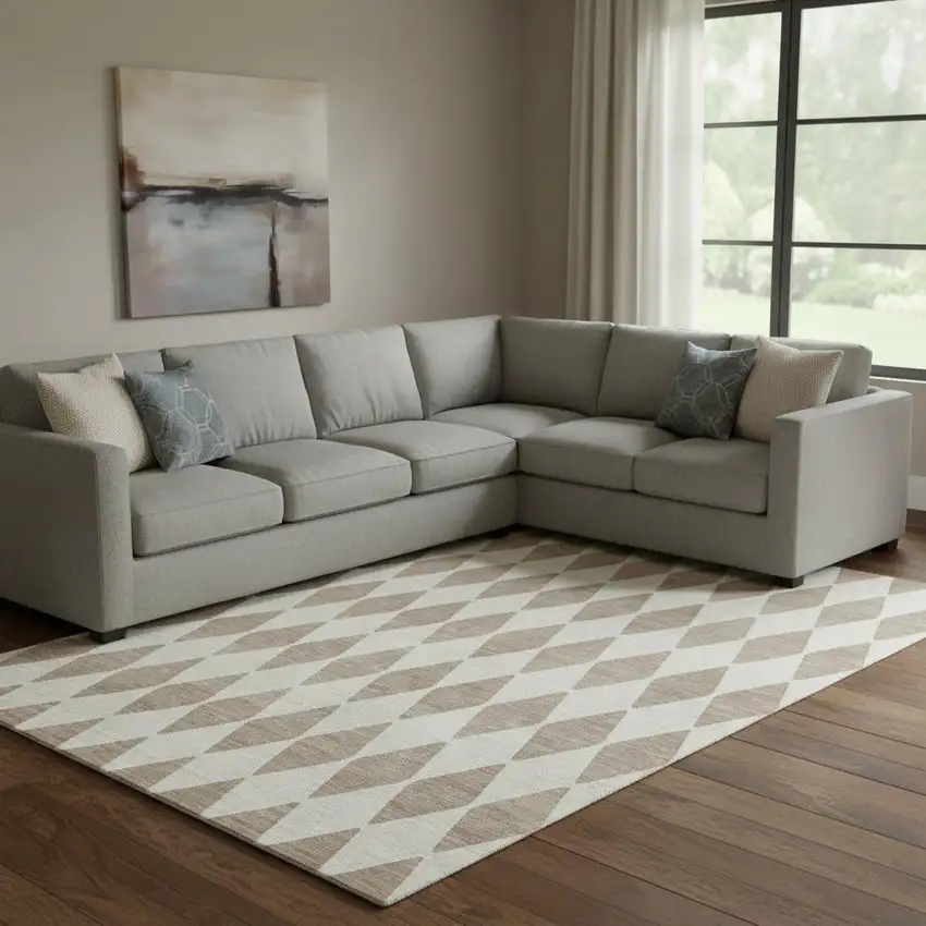 Taupe And Ivory Diamond Washable Area Rug With UV Protection Photo 1