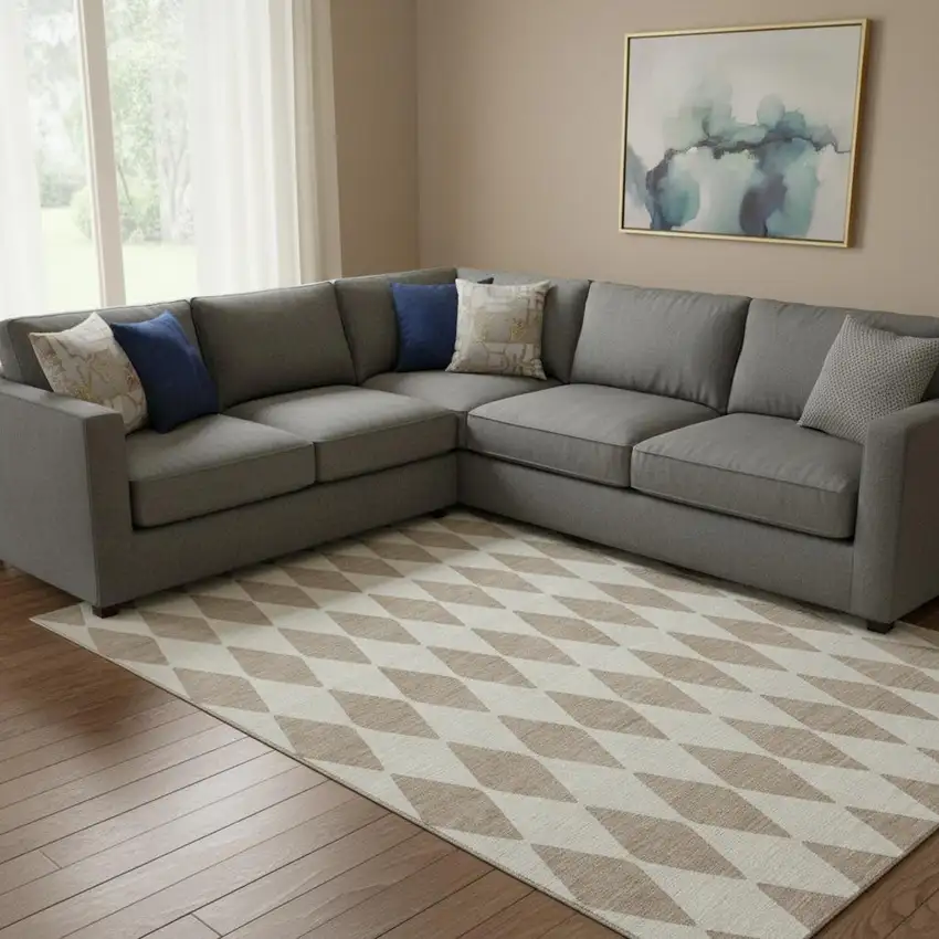 Taupe And Ivory Diamond Washable Area Rug With UV Protection Photo 1