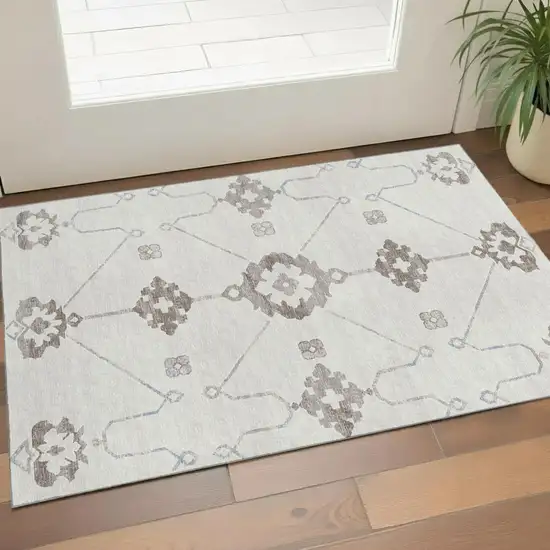 Taupe And Ivory Floral Medallion Washable Area Rug With UV Protection Photo 1