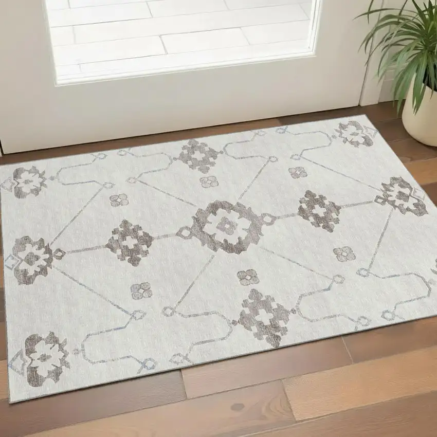 Taupe And Ivory Floral Medallion Washable Area Rug With UV Protection Photo 1