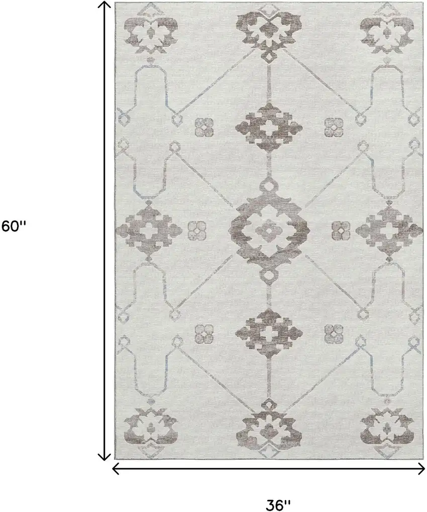 Taupe And Ivory Floral Medallion Washable Area Rug With UV Protection Photo 3