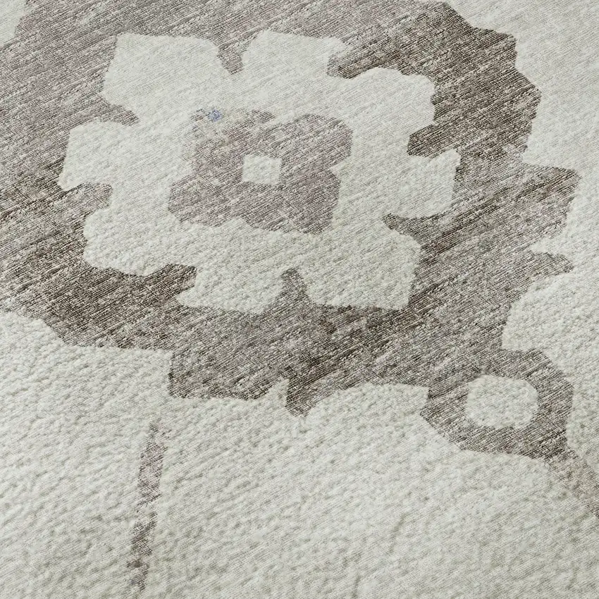 Taupe And Ivory Floral Medallion Washable Area Rug With UV Protection Photo 9