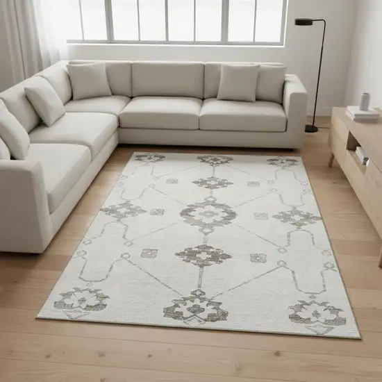 Taupe And Ivory Floral Medallion Washable Area Rug With UV Protection Photo 1