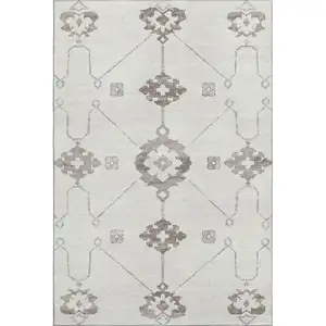 Photo of Taupe And Ivory Floral Medallion Washable Area Rug With UV Protection