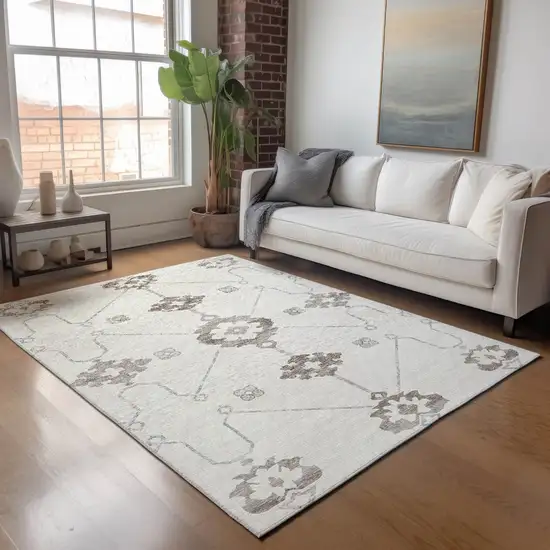 Taupe And Ivory Floral Medallion Washable Area Rug With UV Protection Photo 4