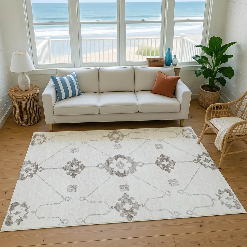 Taupe And Ivory Floral Medallion Washable Area Rug With UV Protection Photo 5