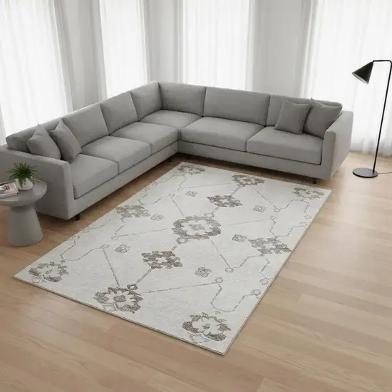 Taupe And Ivory Floral Medallion Washable Area Rug With UV Protection Photo 1