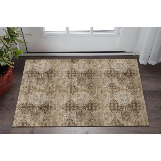 Taupe And Ivory Floral Medallion Washable Area Rug With UV Protection Photo 2