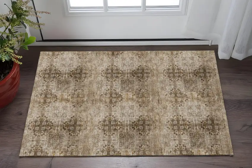 Taupe And Ivory Floral Medallion Washable Area Rug With UV Protection Photo 2