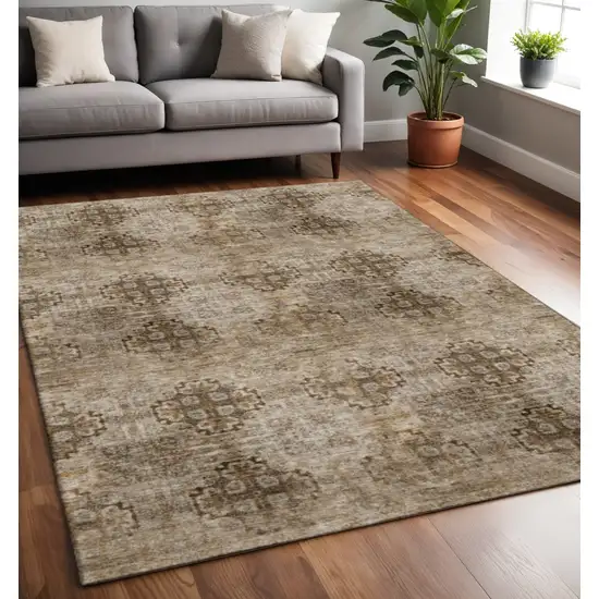 Taupe And Ivory Floral Medallion Washable Area Rug With UV Protection Photo 2
