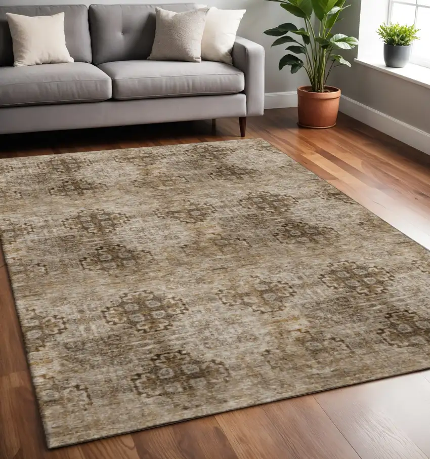 Taupe And Ivory Floral Medallion Washable Area Rug With UV Protection Photo 2