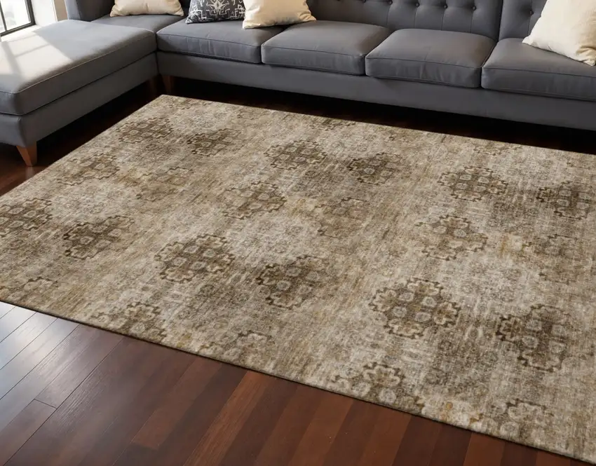 Taupe And Ivory Floral Medallion Washable Area Rug With UV Protection Photo 2