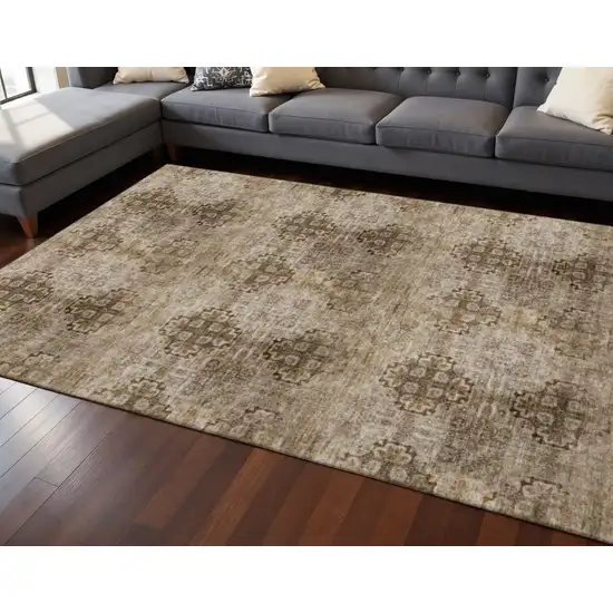 Taupe And Ivory Floral Medallion Washable Area Rug With UV Protection Photo 2