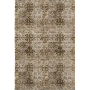 Photo of Taupe And Ivory Floral Medallion Washable Area Rug With UV Protection