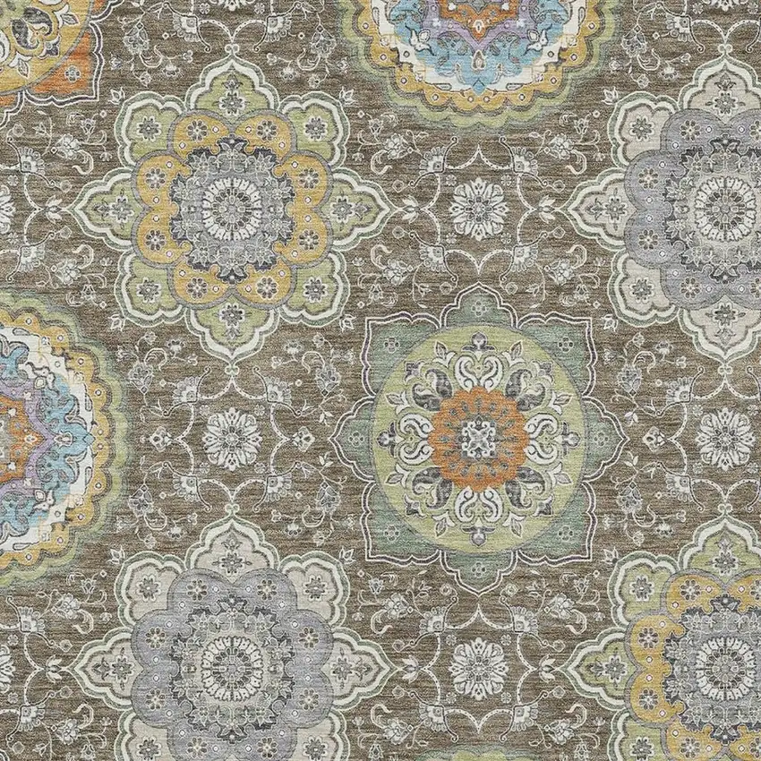 Taupe And Ivory Floral Medallion Washable Indoor Outdoor Area Rug Photo 5