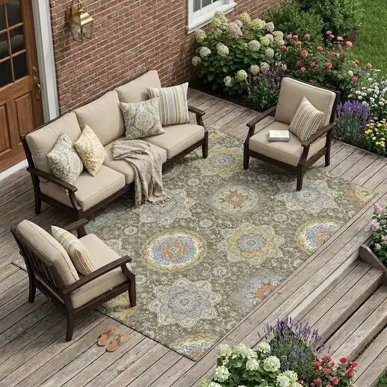 Taupe And Ivory Floral Medallion Washable Indoor Outdoor Area Rug Photo 1