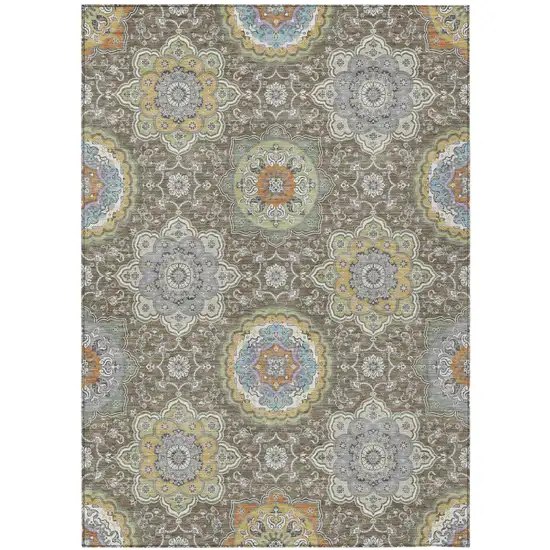 Taupe And Ivory Floral Medallion Washable Indoor Outdoor Area Rug Photo 2