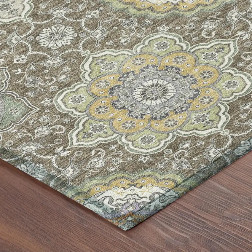 Taupe And Ivory Floral Medallion Washable Indoor Outdoor Area Rug Photo 7