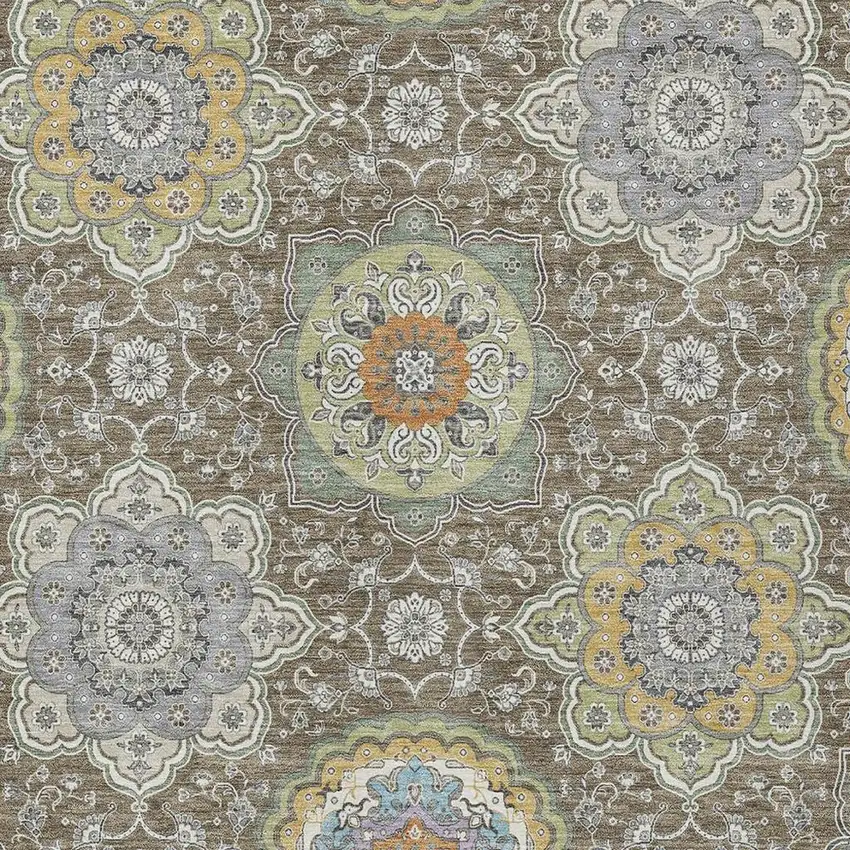 Taupe And Ivory Floral Medallion Washable Indoor Outdoor Area Rug Photo 3