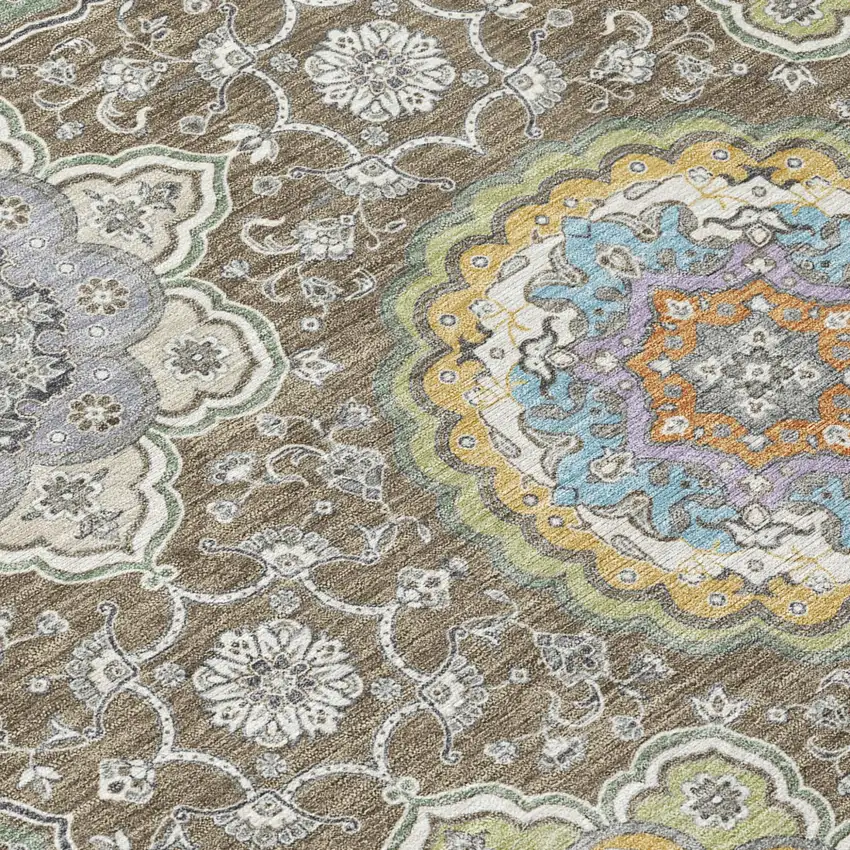 Taupe And Ivory Floral Medallion Washable Indoor Outdoor Area Rug Photo 8