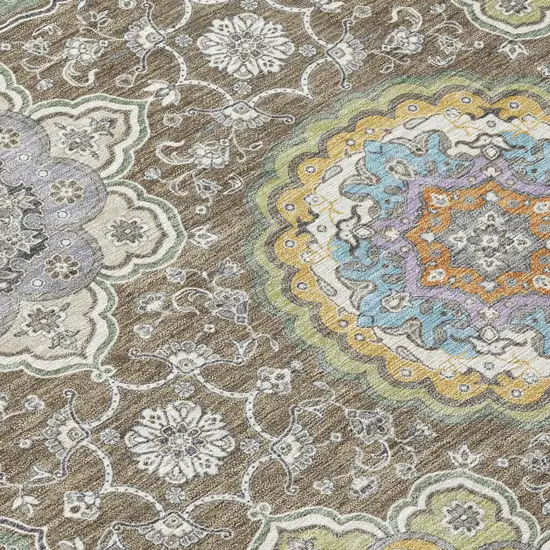Taupe And Ivory Floral Medallion Washable Indoor Outdoor Area Rug Photo 8