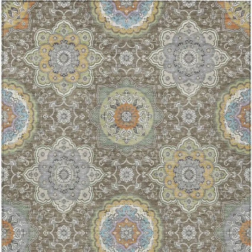 Taupe And Ivory Floral Medallion Washable Indoor Outdoor Area Rug Photo 6