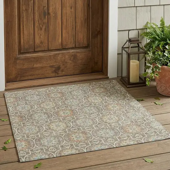 Taupe And Ivory Floral Medallion Washable Indoor Outdoor Area Rug Photo 1