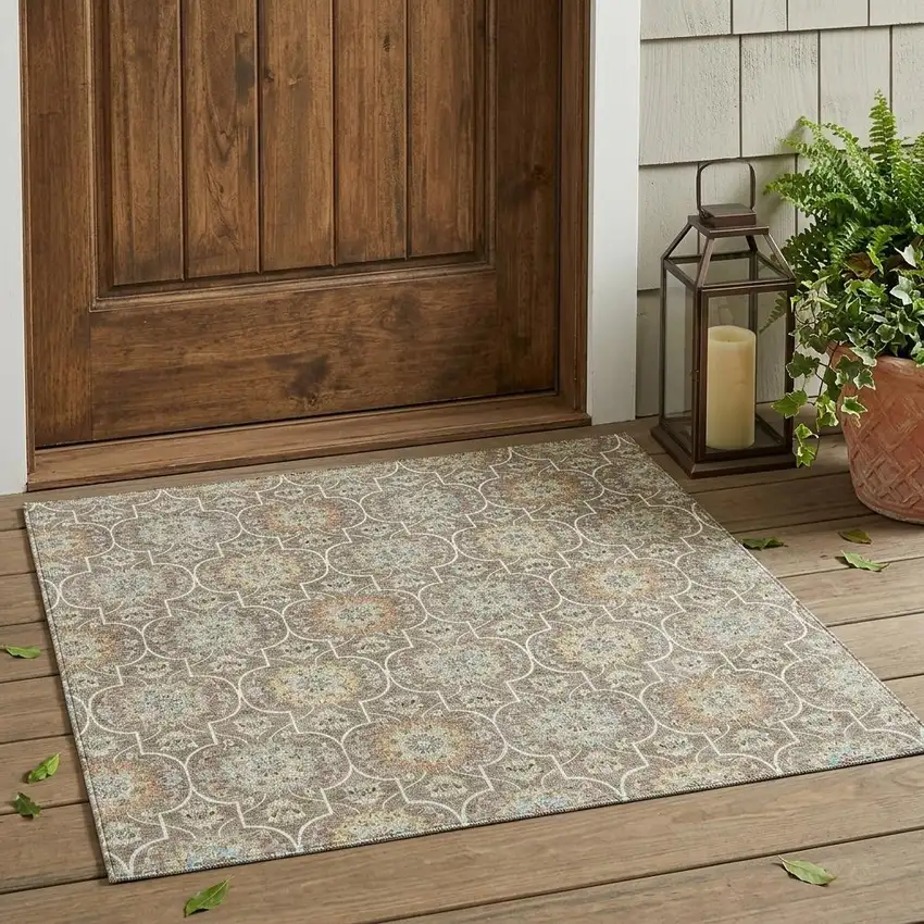 Taupe And Ivory Floral Medallion Washable Indoor Outdoor Area Rug Photo 1