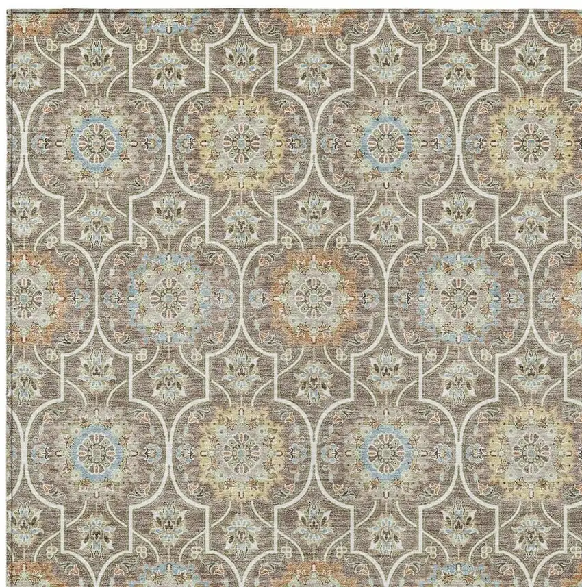 Taupe And Ivory Floral Medallion Washable Indoor Outdoor Area Rug Photo 5