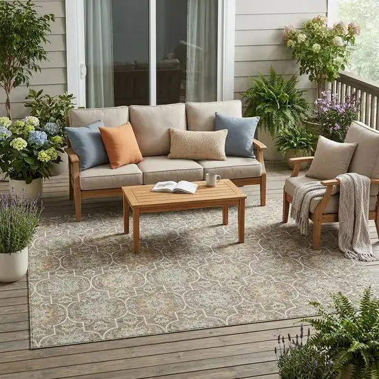 Taupe And Ivory Floral Medallion Washable Indoor Outdoor Area Rug Photo 1
