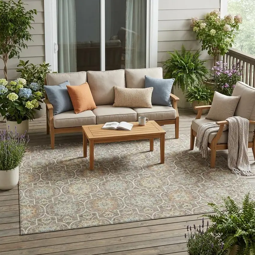 Taupe And Ivory Floral Medallion Washable Indoor Outdoor Area Rug Photo 1