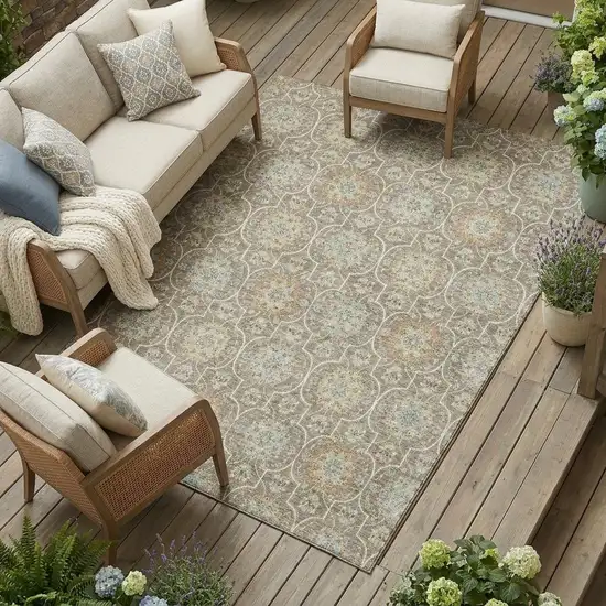 Taupe And Ivory Floral Medallion Washable Indoor Outdoor Area Rug Photo 1