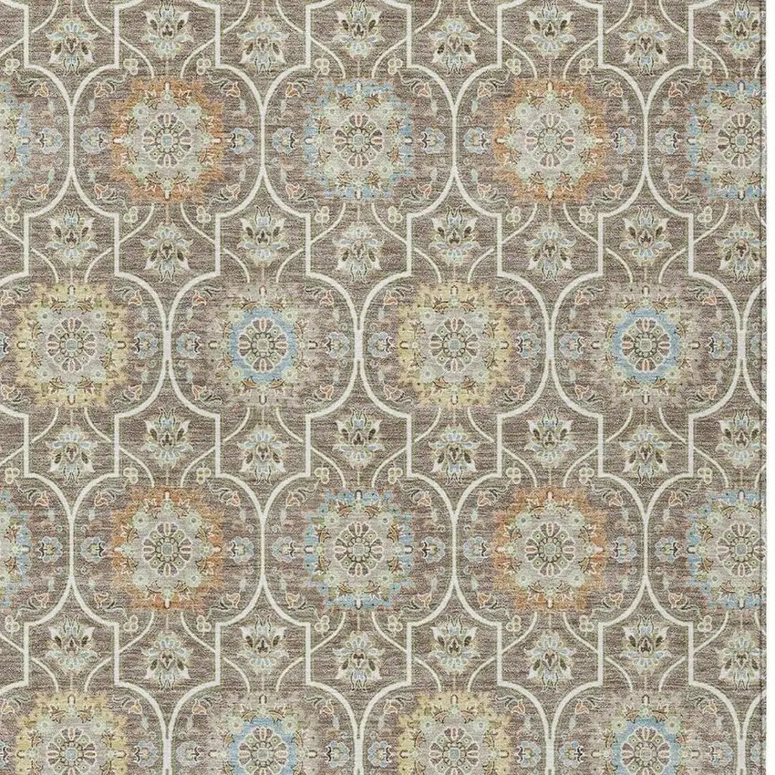 Taupe And Ivory Floral Medallion Washable Indoor Outdoor Area Rug Photo 3