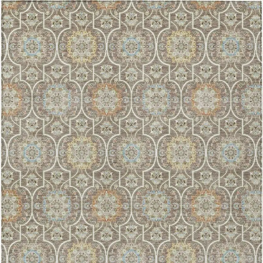 Taupe And Ivory Floral Medallion Washable Indoor Outdoor Area Rug Photo 6