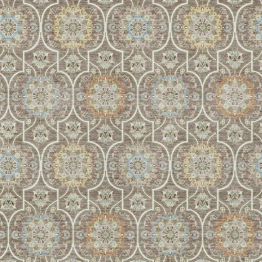 Taupe And Ivory Floral Medallion Washable Indoor Outdoor Area Rug Photo 5