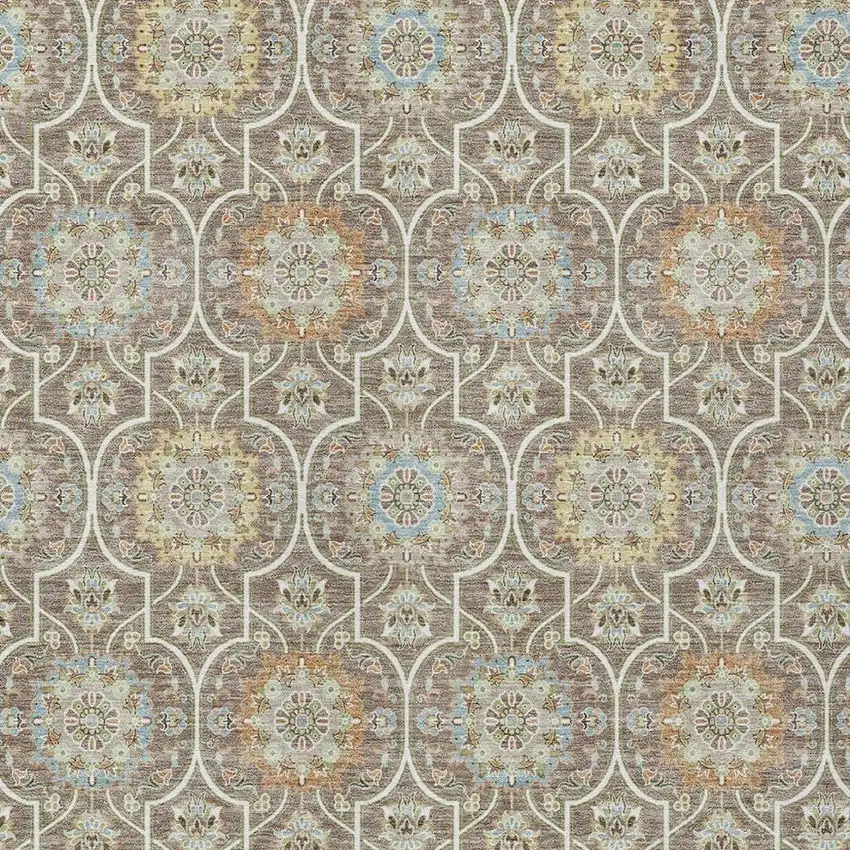 Taupe And Ivory Floral Medallion Washable Indoor Outdoor Area Rug Photo 3