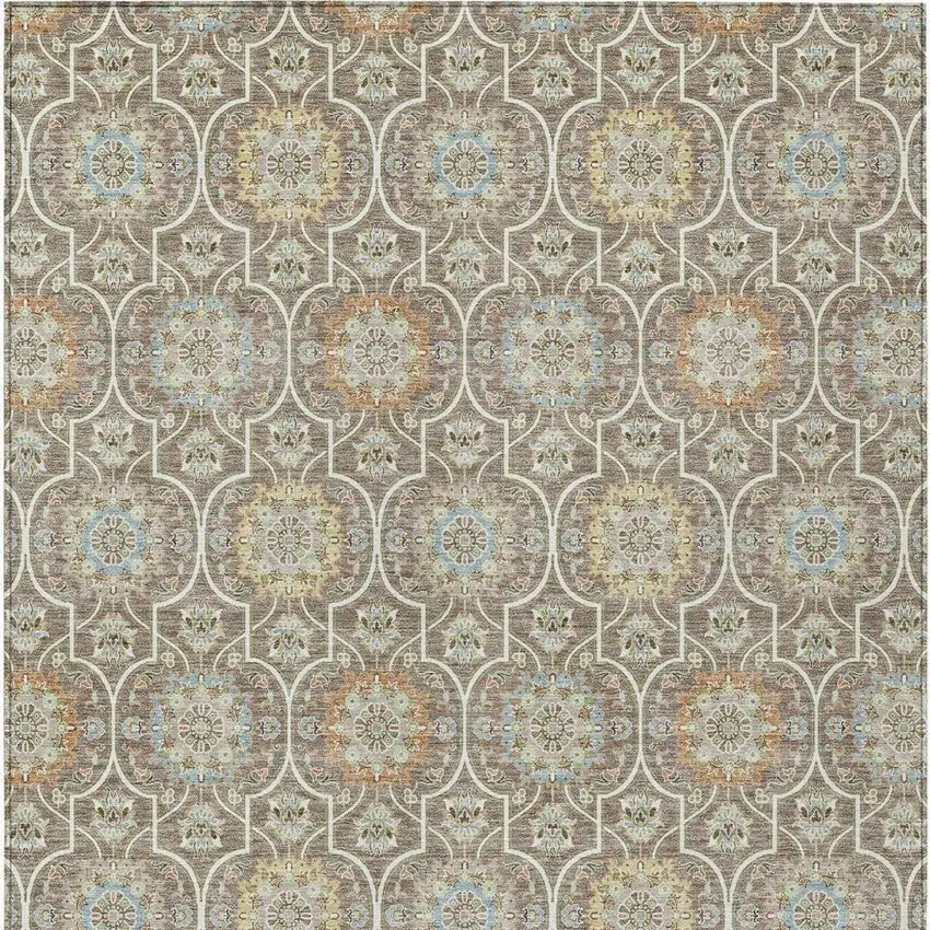 Taupe And Ivory Floral Medallion Washable Indoor Outdoor Area Rug Photo 4