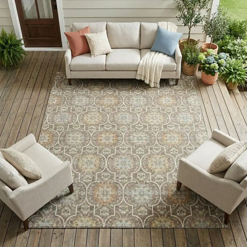 Taupe And Ivory Floral Medallion Washable Indoor Outdoor Area Rug Photo 1