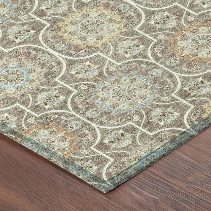 Taupe And Ivory Floral Medallion Washable Indoor Outdoor Area Rug Photo 7