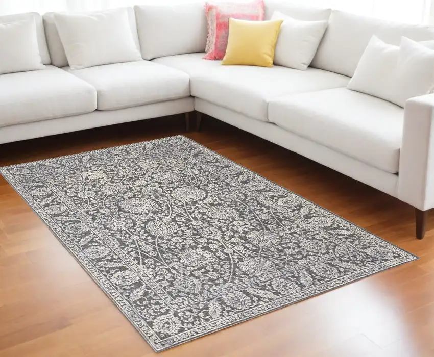 Taupe and Ivory Floral Power Loom Area Rug Photo 1