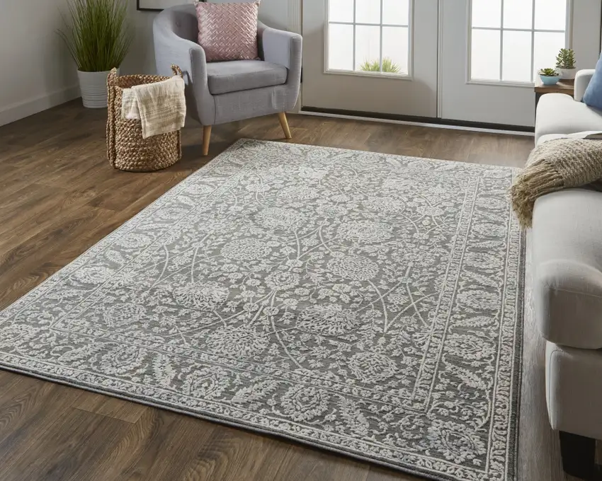 Taupe And Ivory Floral Power Loom Area Rug Photo 6