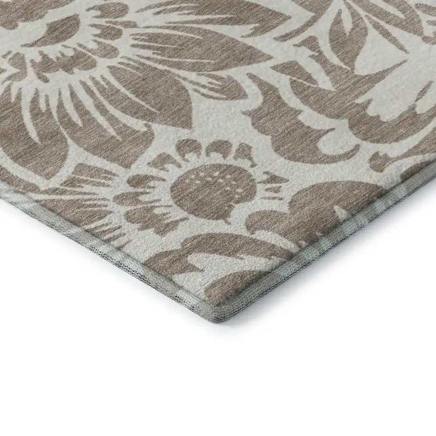 Taupe And Ivory Floral Washable Area Rug With UV Protection Photo 9