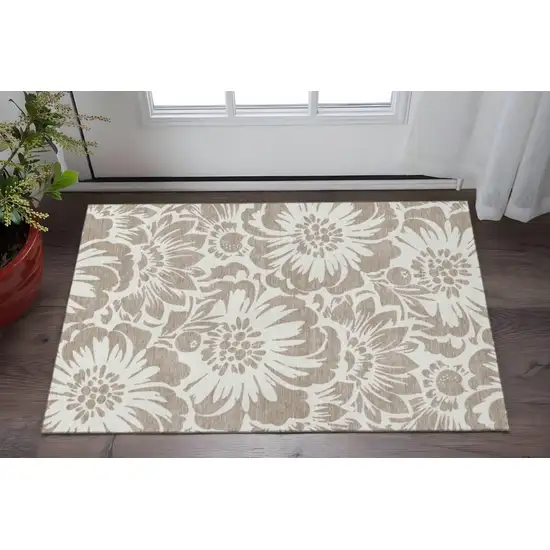 Taupe And Ivory Floral Washable Area Rug With UV Protection Photo 2