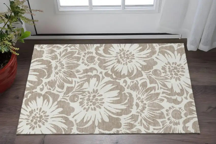 Taupe And Ivory Floral Washable Area Rug With UV Protection Photo 2