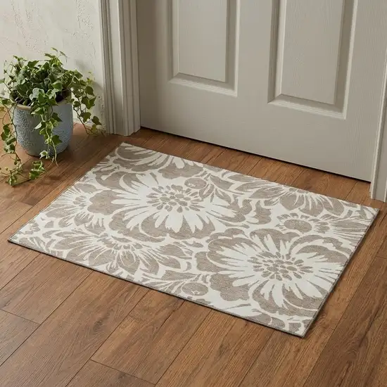 Taupe And Ivory Floral Washable Area Rug With UV Protection Photo 1