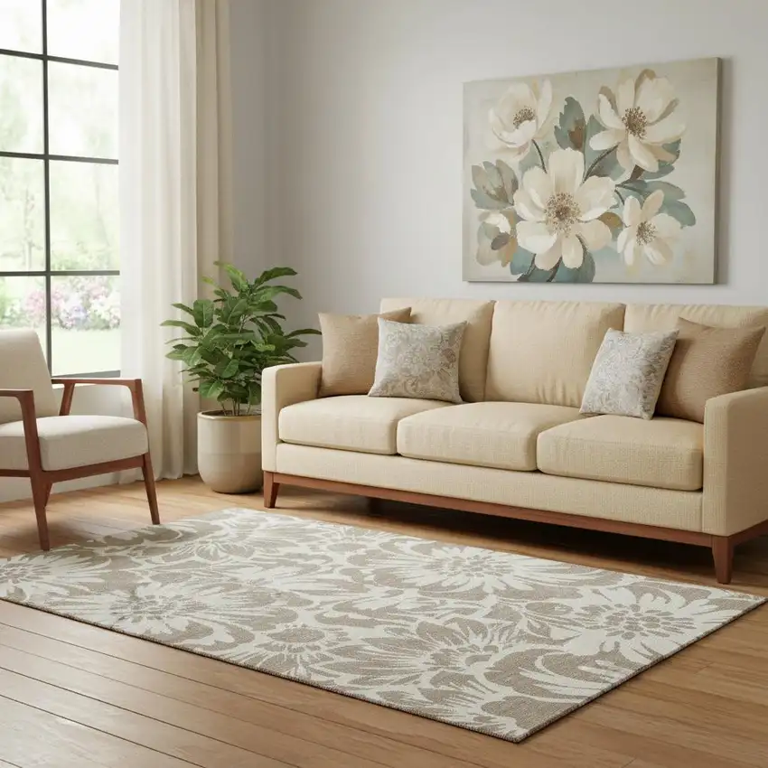 Taupe And Ivory Floral Washable Area Rug With UV Protection Photo 1