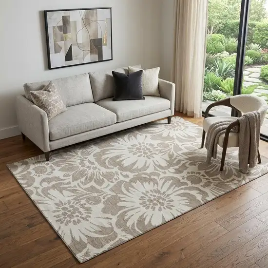 Taupe And Ivory Floral Washable Area Rug With UV Protection Photo 1